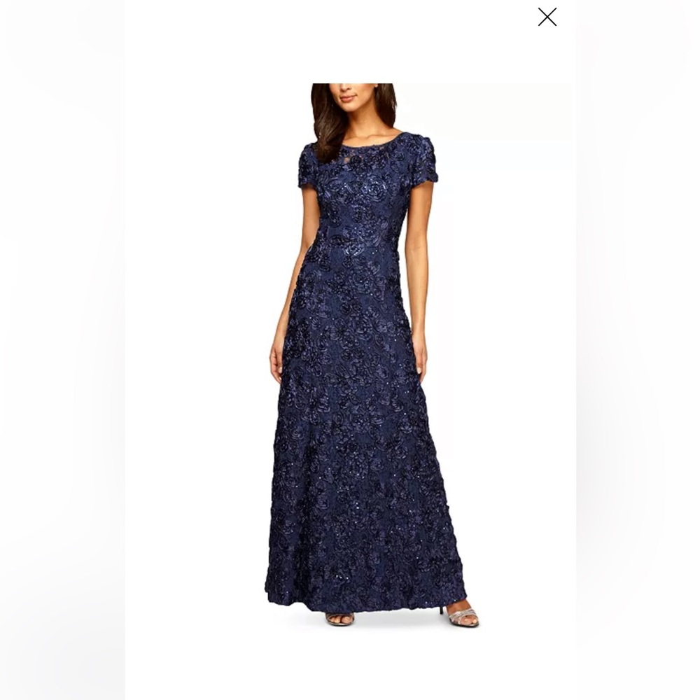Alex Evenings Rosette Cap Sleeve lace evening gown